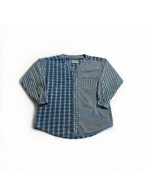 VTG Vision I Womens Blue Patchwork Plaid Gingham Button Down Shirt Cotton S(A28)